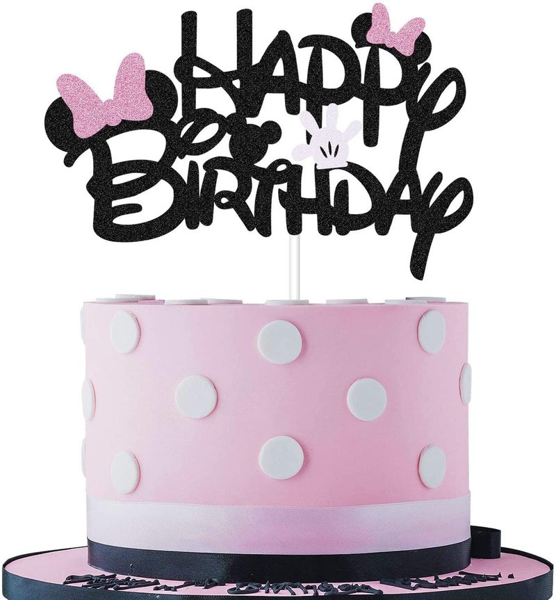 BOGZON Black Glitter Minnie Inspired Happy Birthday Cake Topper with Pink Bows and White Gloves Girls Birthday Party Decorations Supplies - Image 1